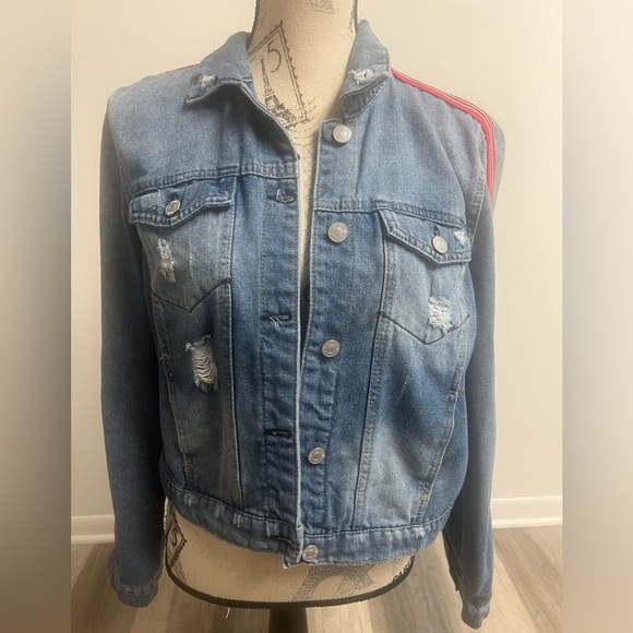Sky and Sparrow Jackets & Blazers - Red Striped Distressed Jean Jacket!